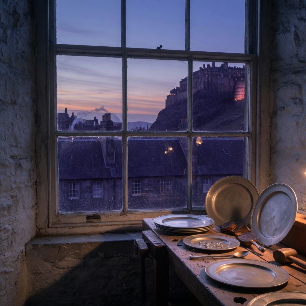 Edinburgh — pewter still, steward interpretation, not a historical likeness